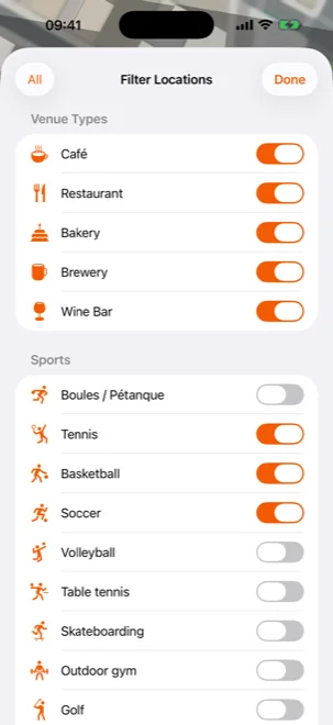 The filter sheet with venue types and outdoor sports layers