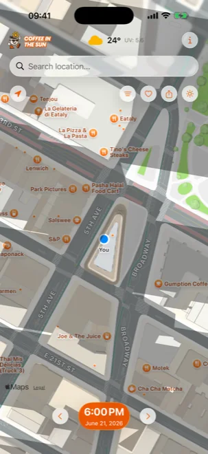 The Coffee in the Sun map showing building shadows falling across streets and cafes