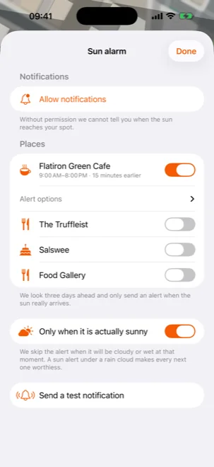 Sun alert settings for a saved place, with a time window and a reminder