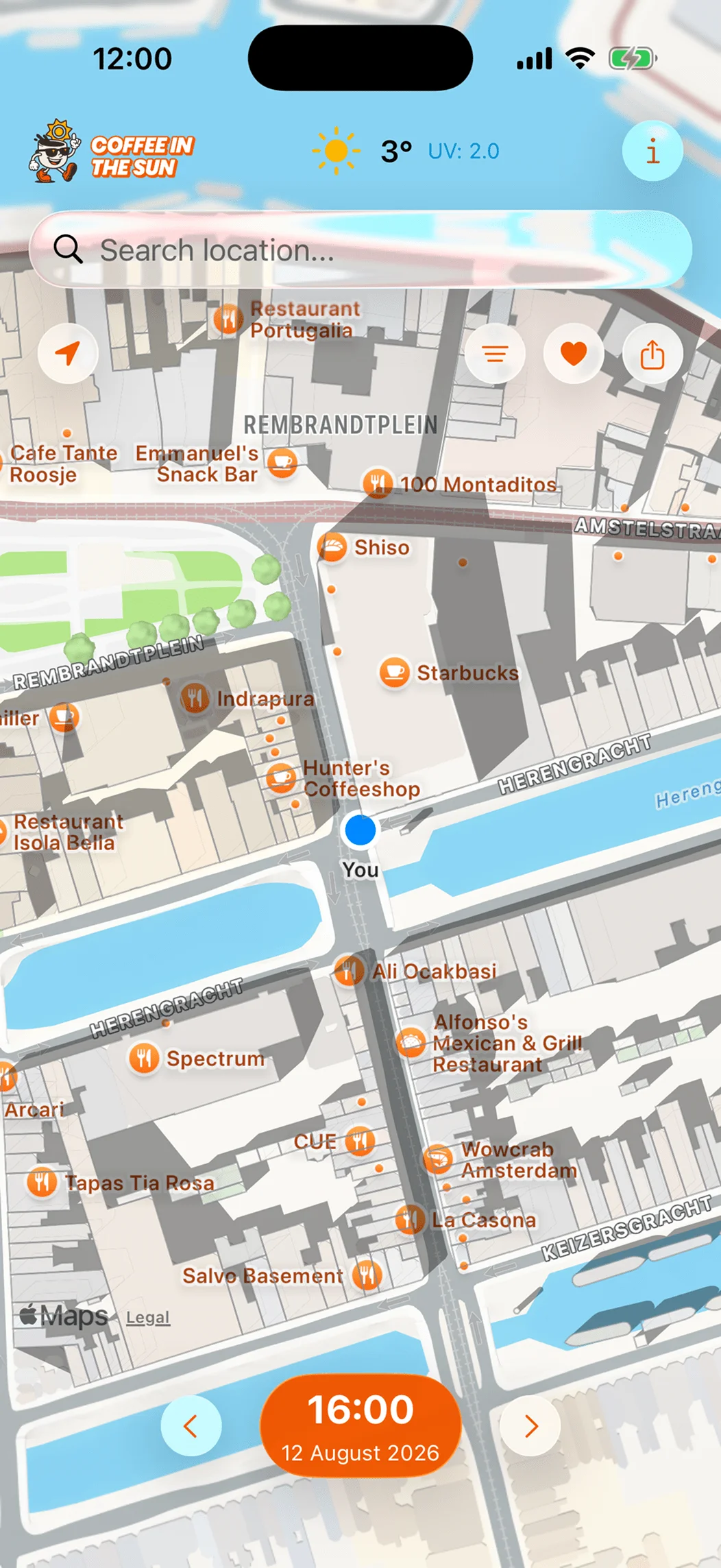 Coffee in the Sun app showing real-time 3D building shadows on the map with sunny terraces highlighted