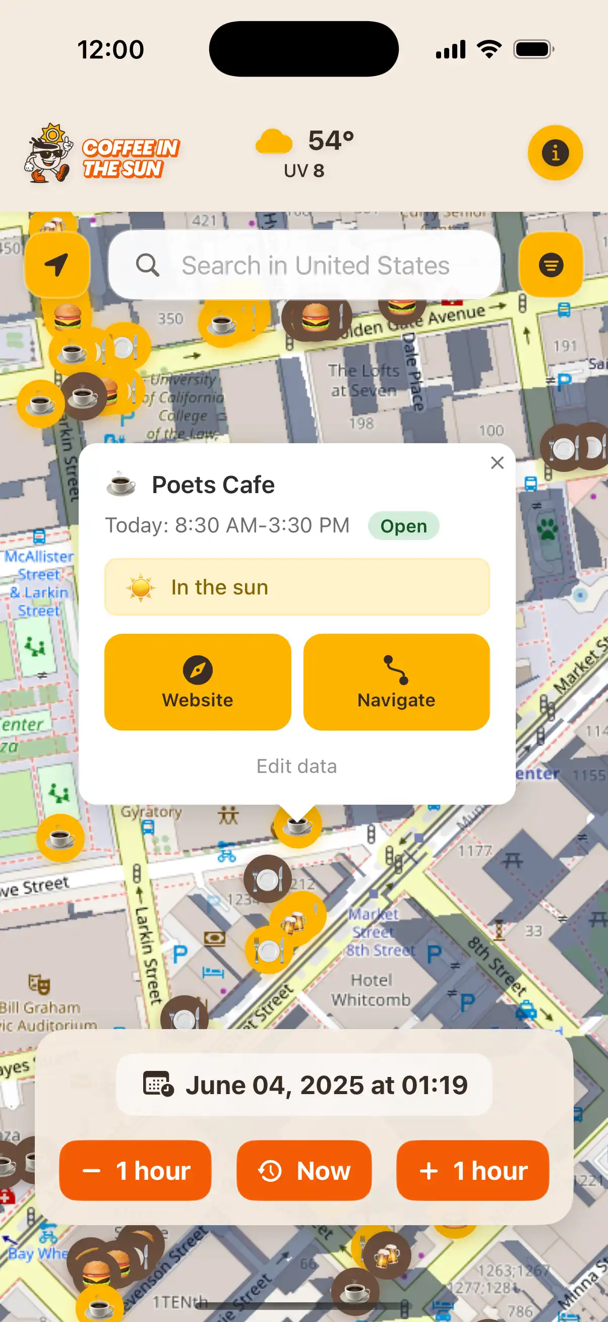 Coffee in the Sun app main map view showing restaurants and cafes with sun and shadow indicators