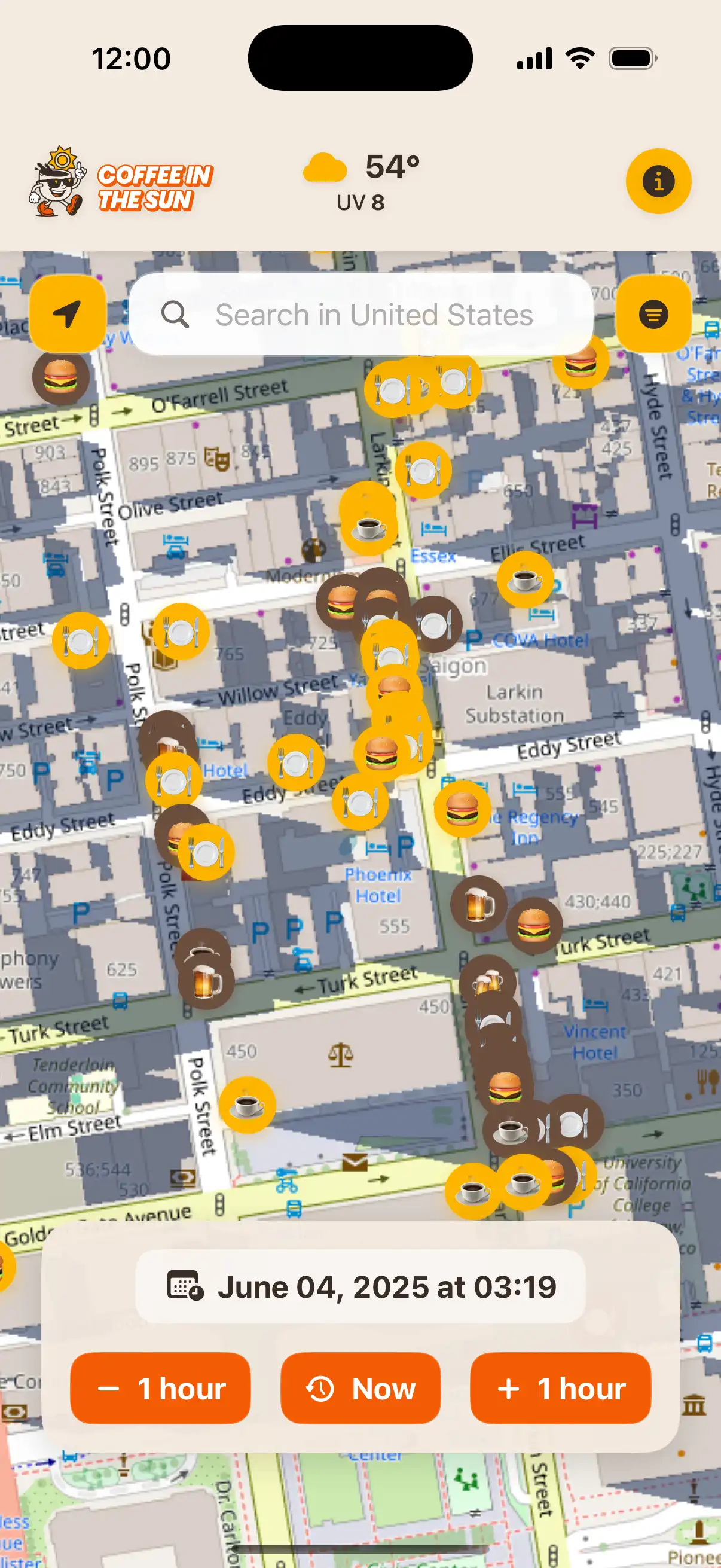 App location details screen showing restaurant information, address, and real-time sun exposure status