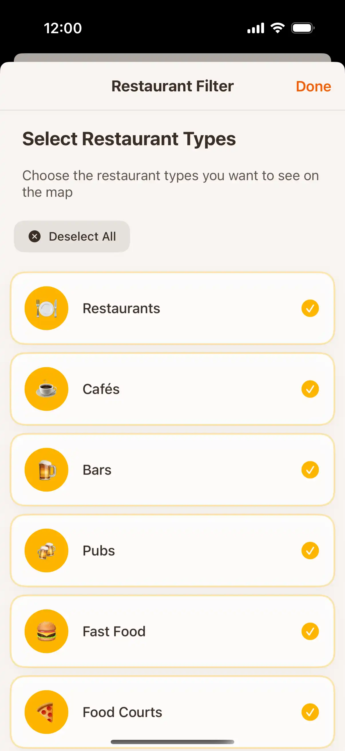 App filter screen showing different types of establishments - restaurants, cafes, bars, and ice cream parlors with selection options