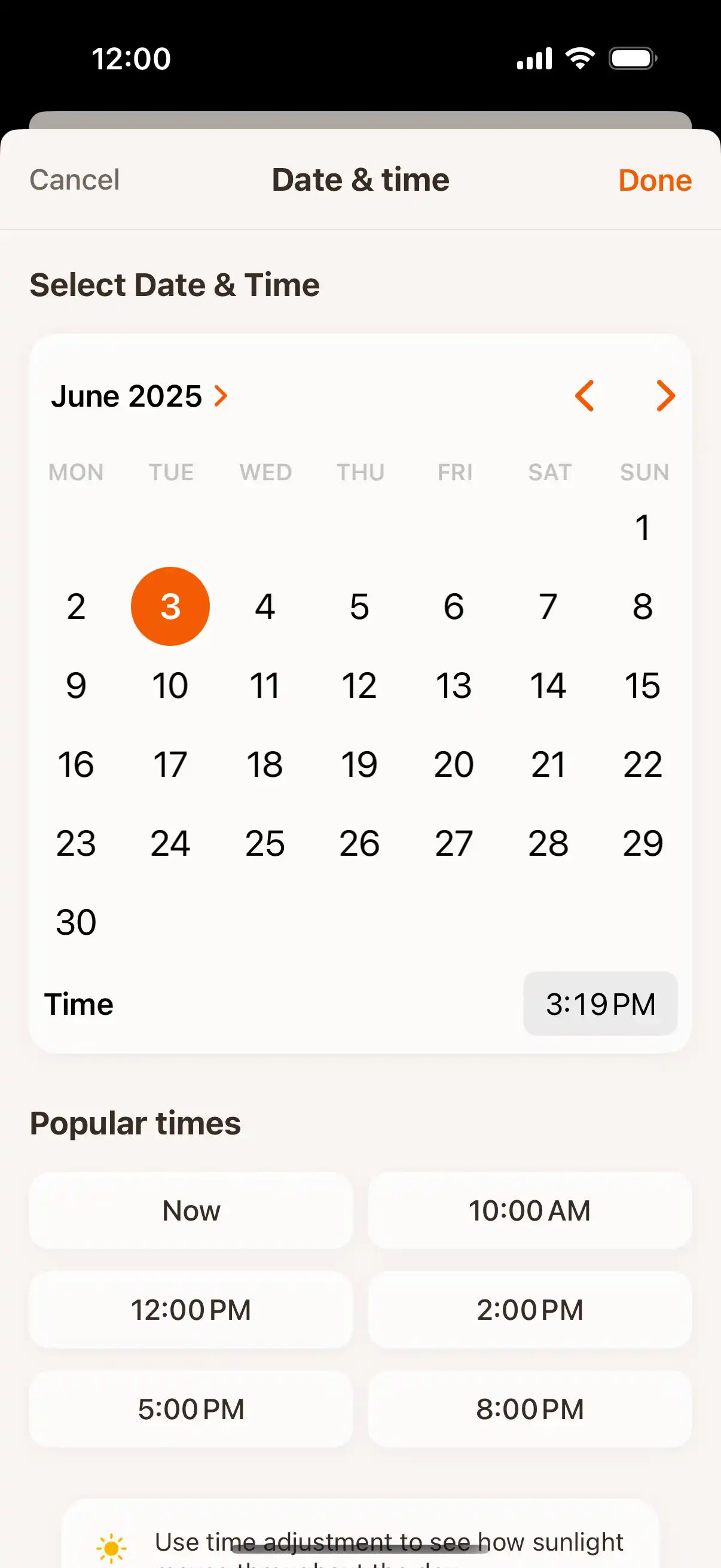 Time travel interface showing date and time picker to check sun position at future or past moments