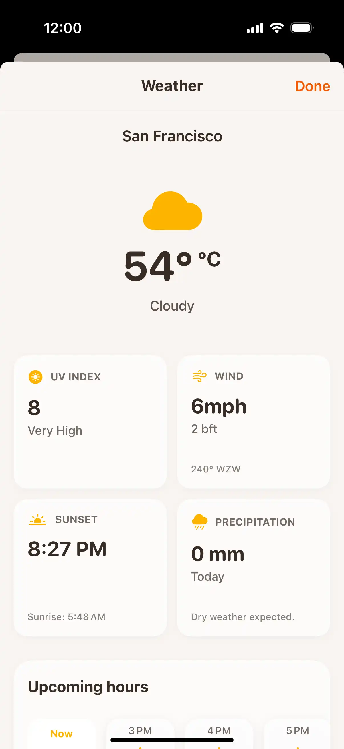 Weather forecast screen showing detailed hourly and daily weather predictions with temperature and precipitation data