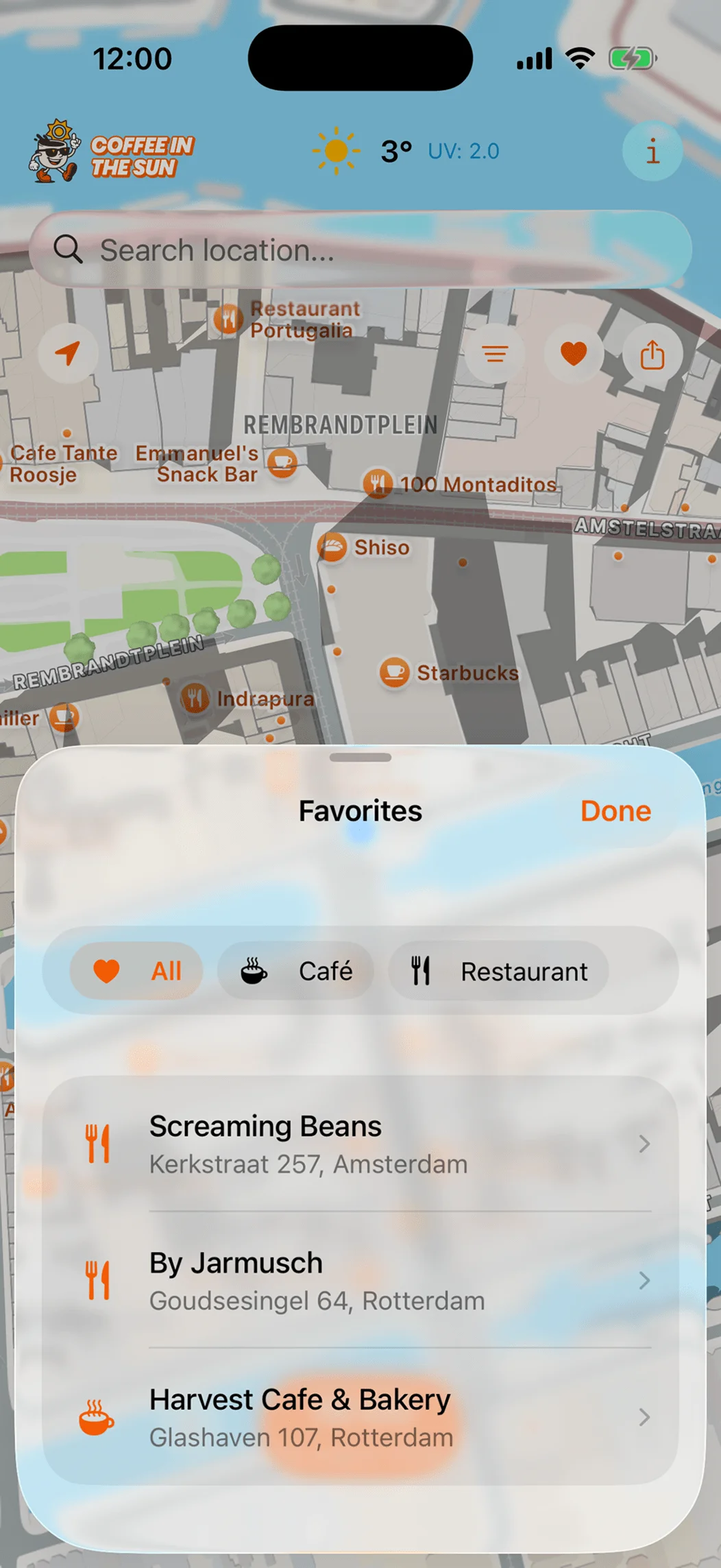 Favorites screen showing saved sunny spots for quick access